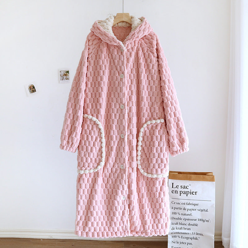 Autumn Winter Robe Women's Flannel Thickened Warm Hooded Bathrobe Coral Fleece Fleece-lined