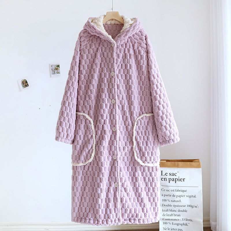 Autumn Winter Robe Women's Flannel Thickened Warm Hooded Bathrobe Coral Fleece Fleece-lined