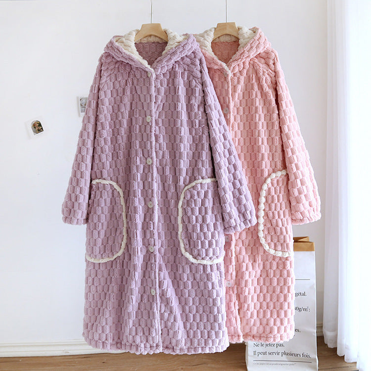 Autumn Winter Robe Women's Flannel Thickened Warm Hooded Bathrobe Coral Fleece Fleece-lined