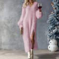 Chic Split Knitted Dress With Buttons Design Winter V-Neck Fleece Maxi Dresses Evening Party Club Fashion Women's Clothing