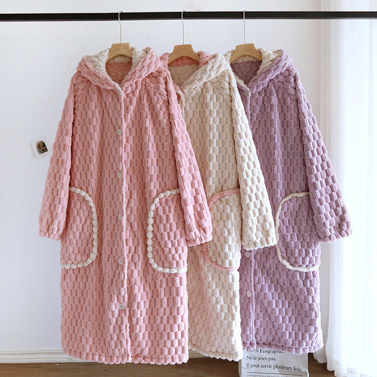 Autumn Winter Robe Women's Flannel Thickened Warm Hooded Bathrobe Coral Fleece Fleece-lined