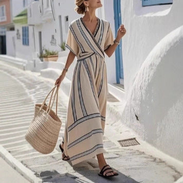 Casual Loose Retro Striped Print Holiday Dress Summer Short Sleeve V Neck Robes Dress Boho Beach Pleated A-Line Long Dress Woman