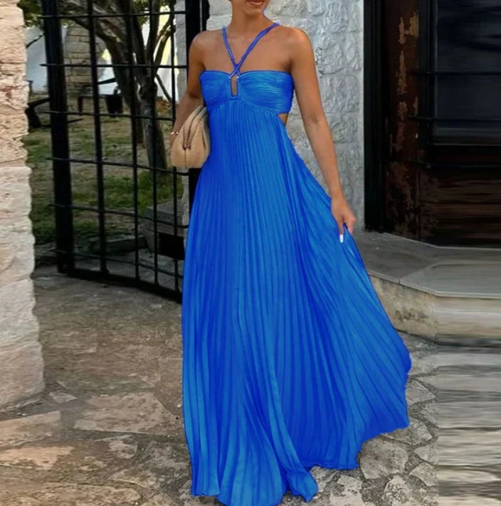 Ins Pleated Sleeveless Sling Dress Hollow High Waist Halter Robe Dresses For Evening Party Club Clothing Women