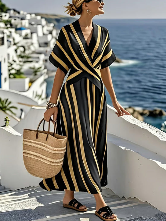 Casual Loose Retro Striped Print Holiday Dress Summer Short Sleeve V Neck Robes Dress Boho Beach Pleated A-Line Long Dress Woman