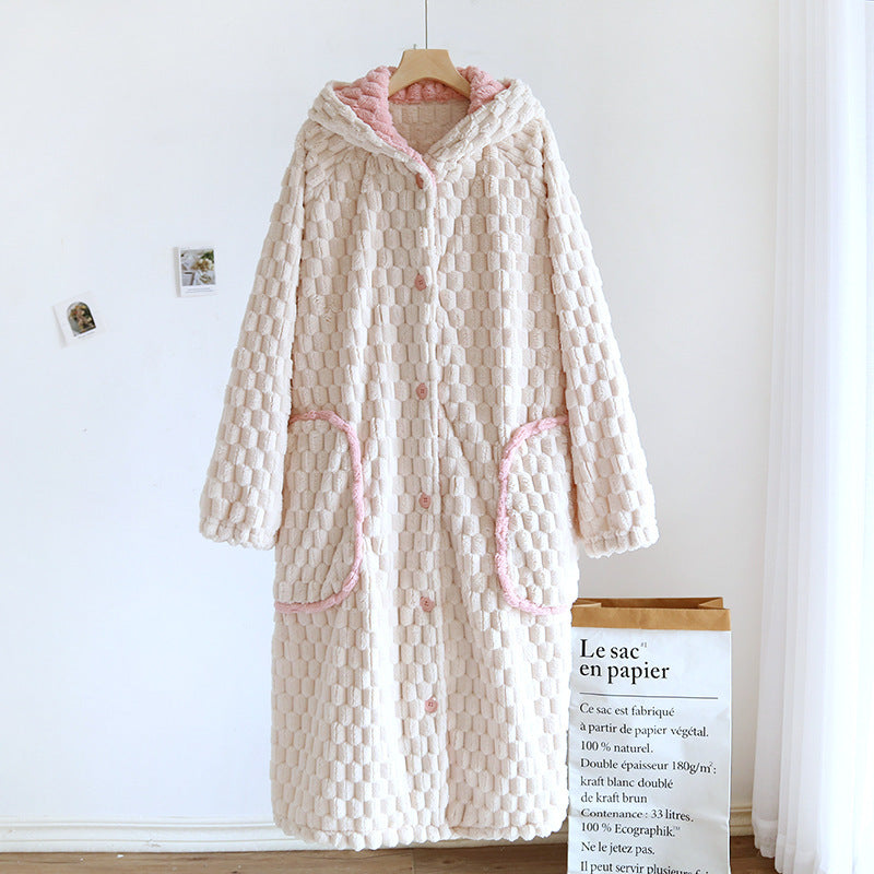 Autumn Winter Robe Women's Flannel Thickened Warm Hooded Bathrobe Coral Fleece Fleece-lined