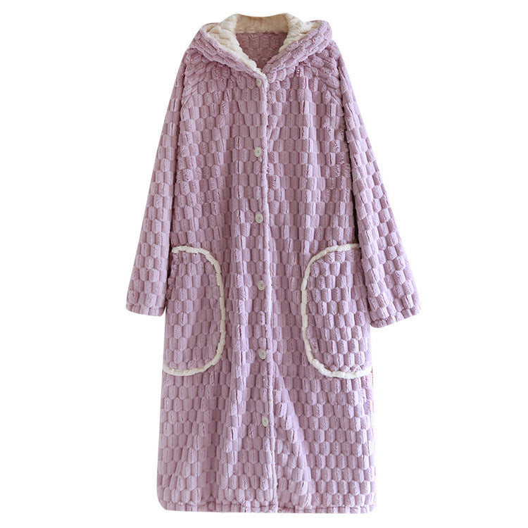 Autumn Winter Robe Women's Flannel Thickened Warm Hooded Bathrobe Coral Fleece Fleece-lined